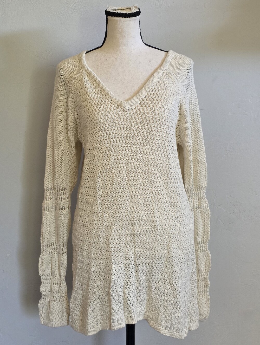 NEW Tommy Bahama Ivory Open Knit V-Neck Sharkbite Pullover Sweater Boho XL